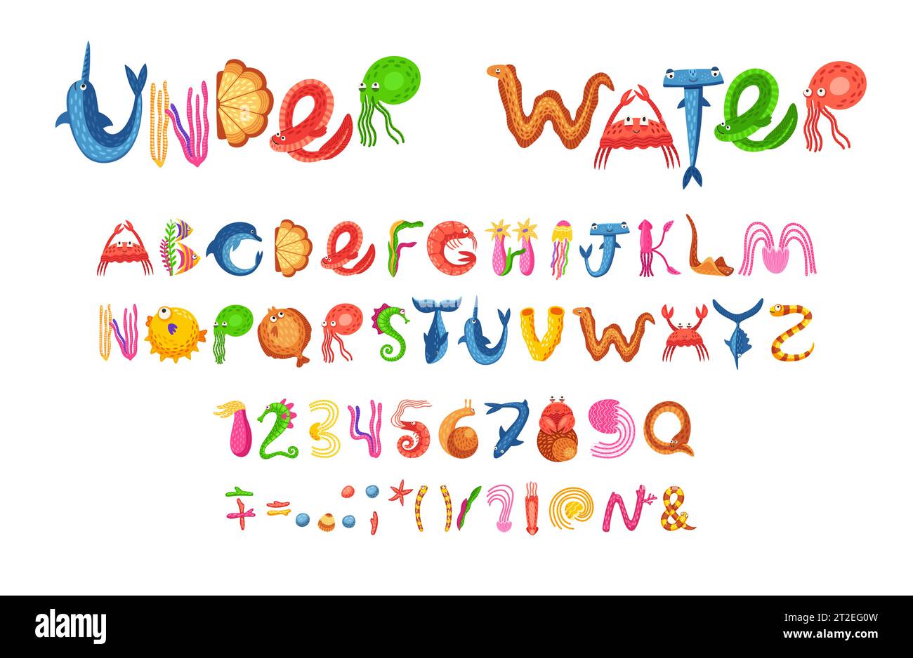 Sea animals font, ocean underwater type or aquatic typeface with marine