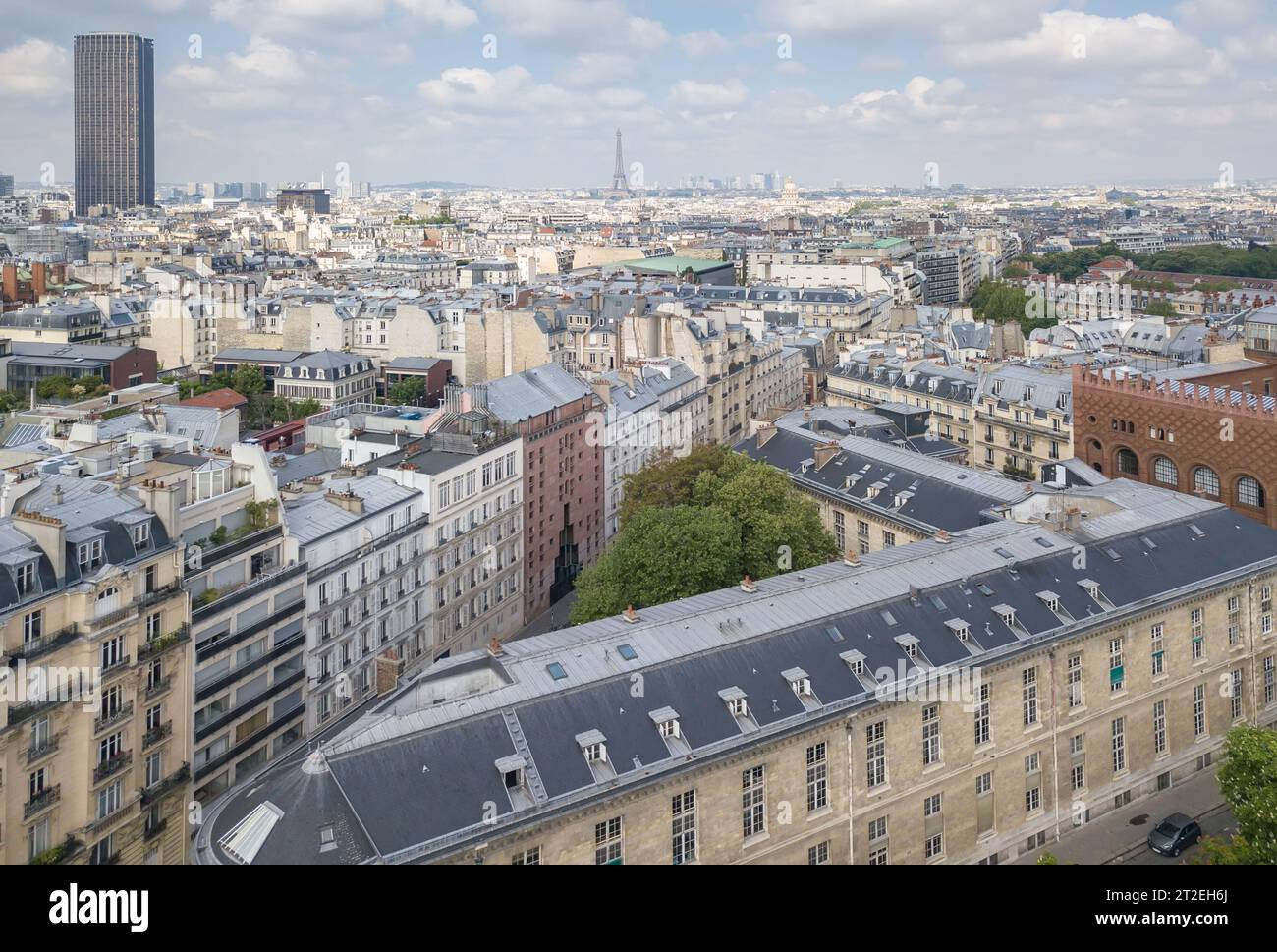 Center of Paris, 16e Arrondissement district and Eiffel Tower on background photographed with aerial drone camera in spring. PARIS,FRANCE-30 APRIL,201 Stock Photo