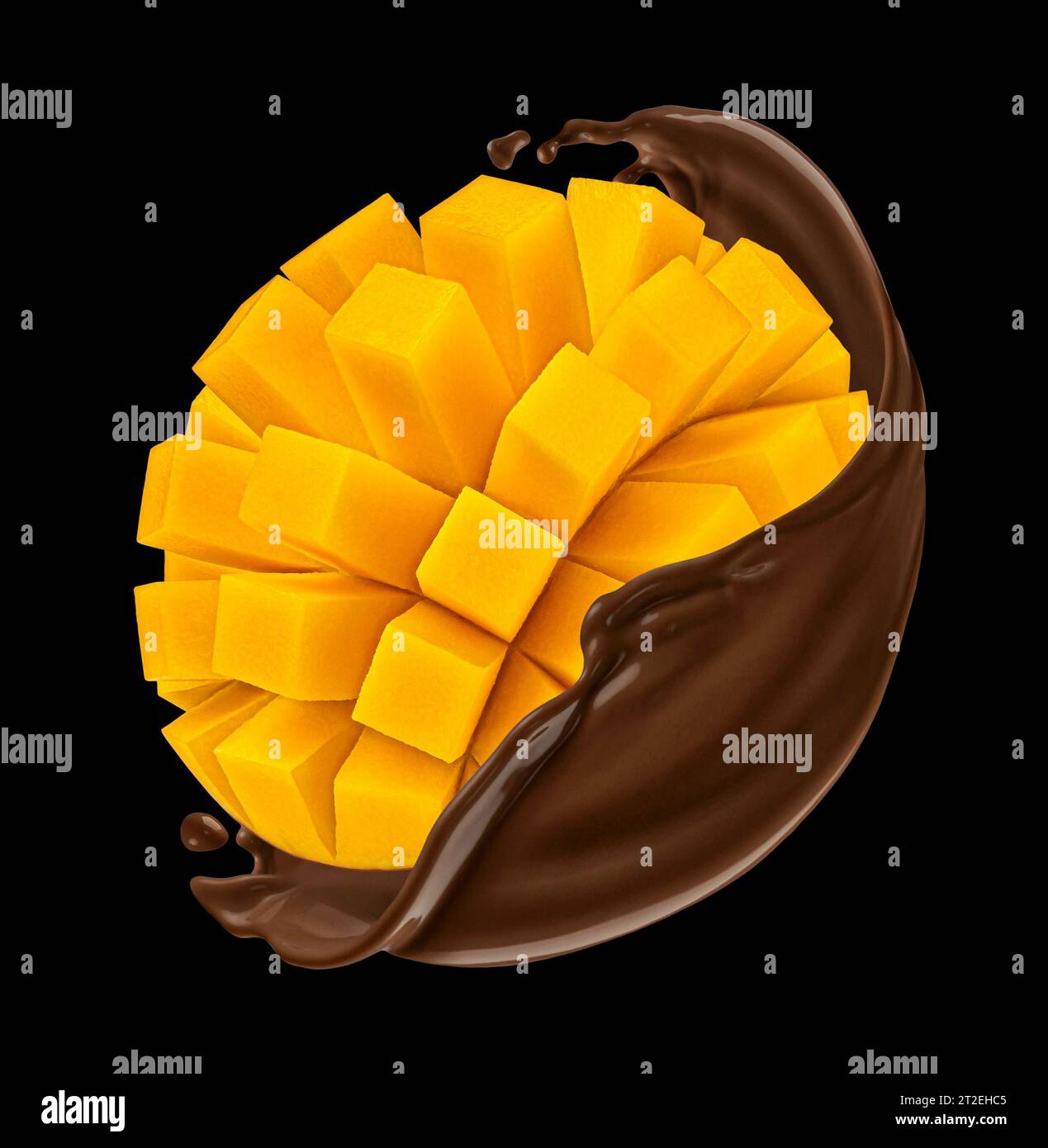 Mango in chocolate splash on black background Stock Photo