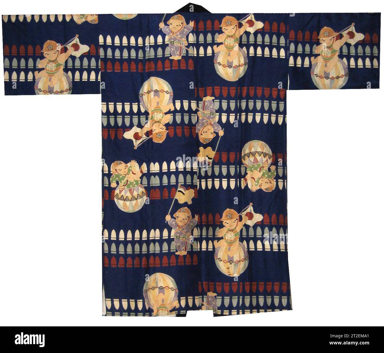 Boy’s Kimono with Lucky Thread Balls (Temari) and Bullets Japan ca. 1940s Boys, some of them sitting on oversized temari (lucky thread balls that Japanese mothers traditionally make for their daughters as New Year’s gifts), are depicted with army helmets. The characters on the chests of those carrying the Japanese flag read shingun, or “Divine Army,” referring to the forces of the emperor. The standing figures whose outfits depict fighter planes carry the flag of Manchukuo. They are shown against an endlessly repeating background of red, blue, and white bullets. View more. Boy’s Kimono with Lu Stock Photo