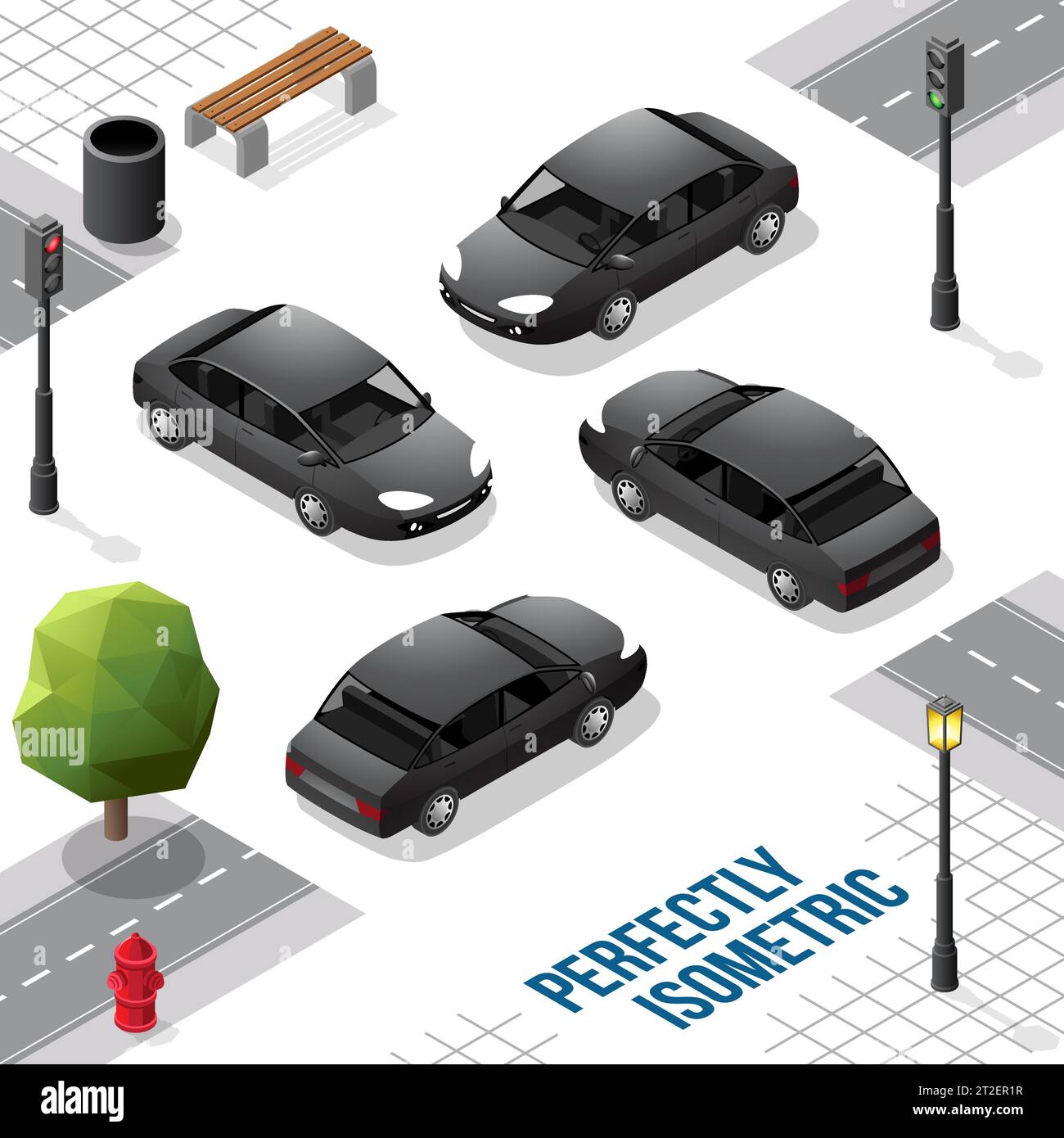 Black Isometric Car from Front Back Right and Left isolated on White Stock Vector