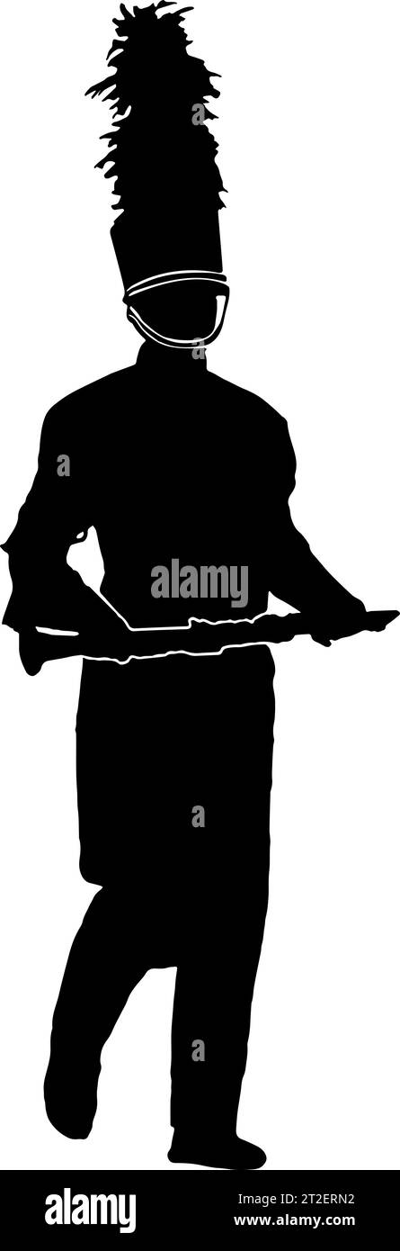 Marching Band Clarinet player marching, in black silhouette, isolated Stock Vector