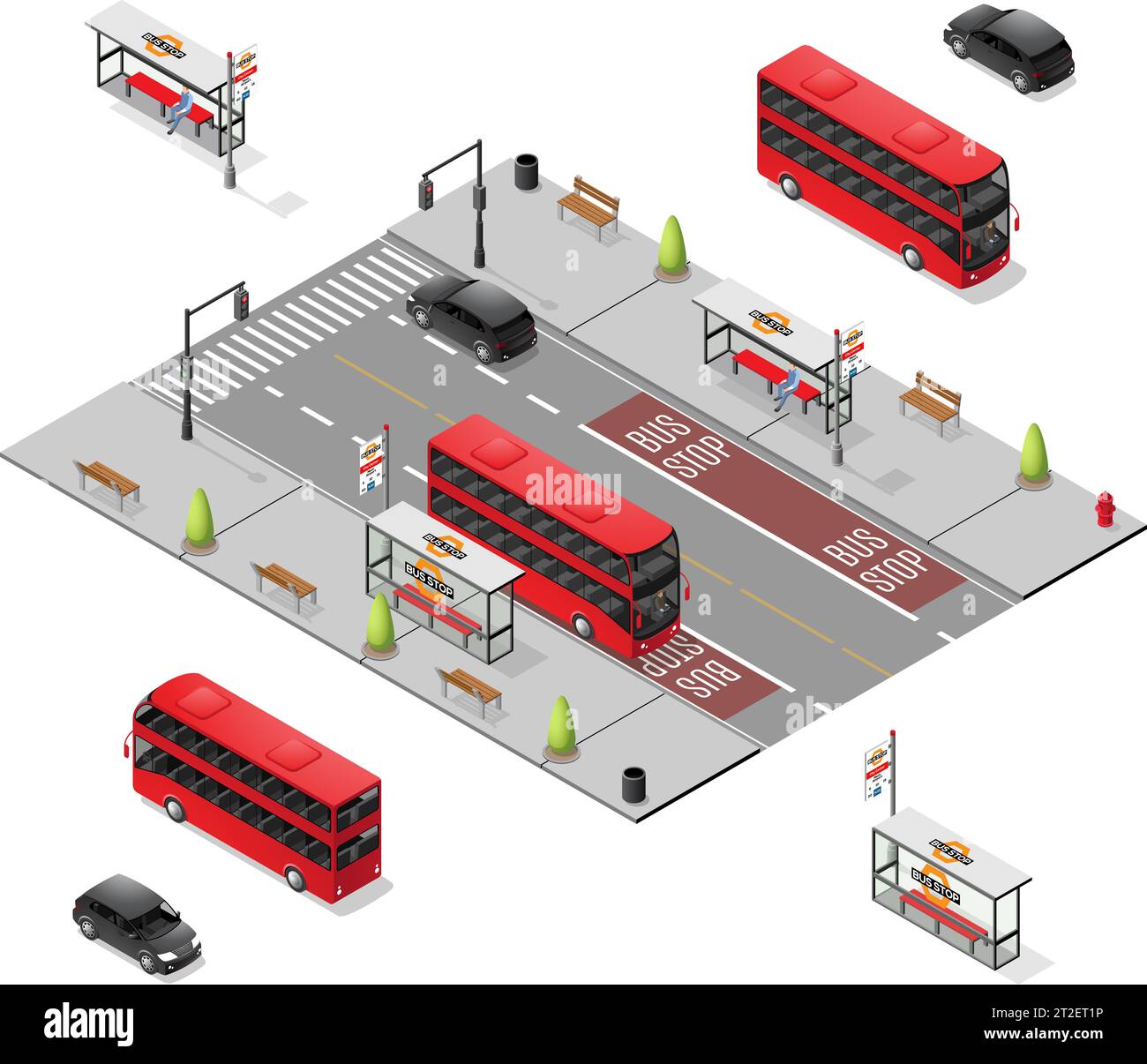 Isometric Bus Stops with Vehicles isolated on a White Background Stock Vector