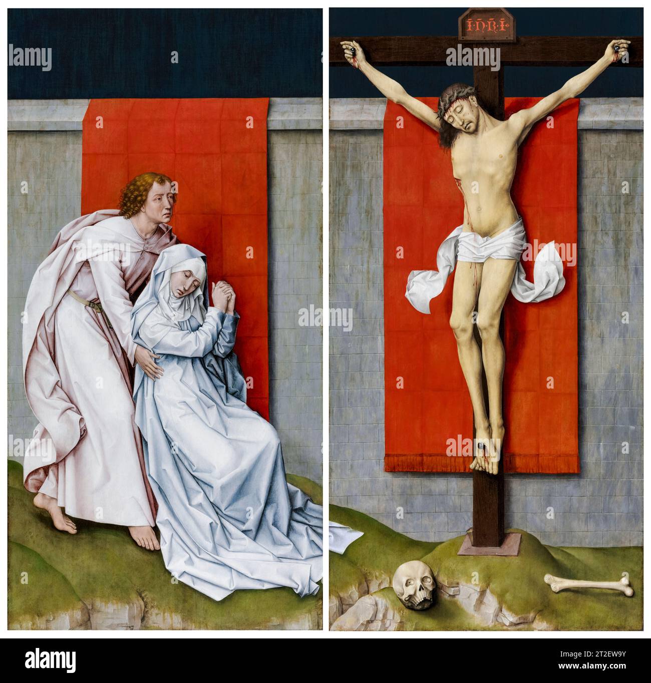 Rogier van der Weyden, The Crucifixion with the Virgin and Saint John the Evangelist Mourning, painting in oil on panel, circa 1460 Stock Photo