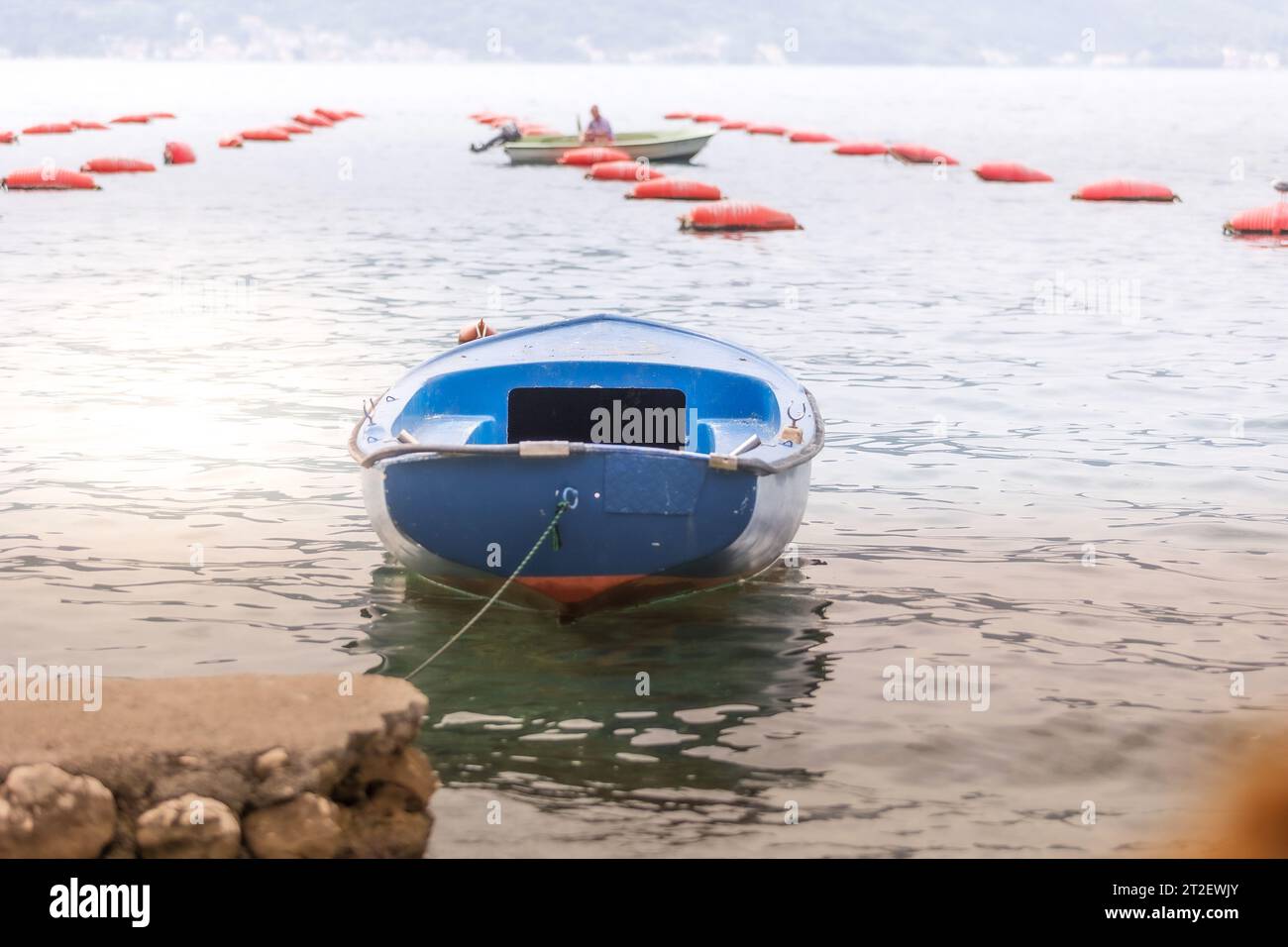 Mussel and oyster farm in Montenegro, Bay of Kotor and boat Stock Photo