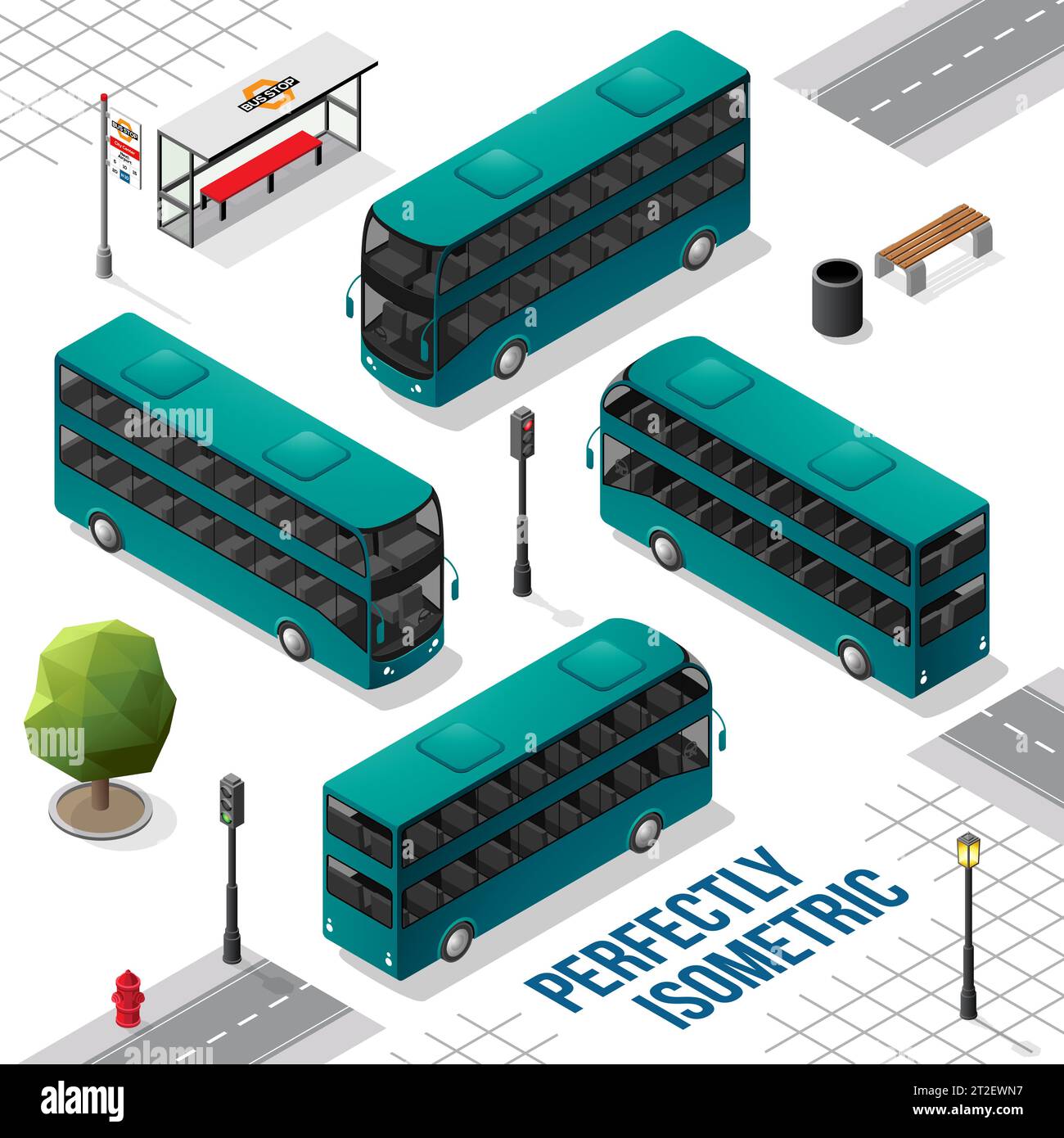 Isometric Bus Persian Green and Black Double Decker Isometric Bus from the Front Back ...
