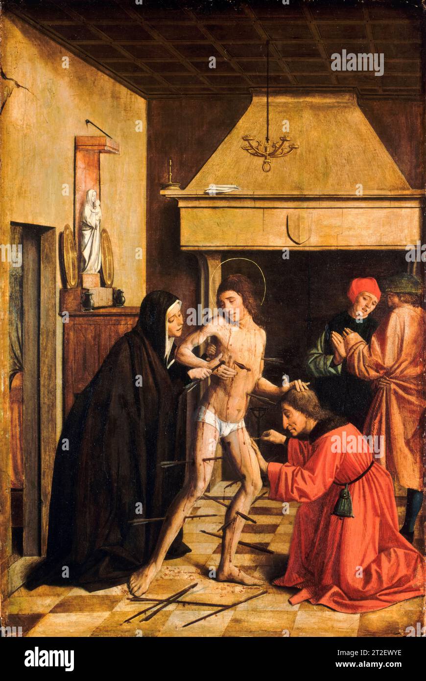 Saint Sebastian cured by (Saint) Irene, painting in oil on panel by Josse Lieferinxe, circa 1497 Stock Photo