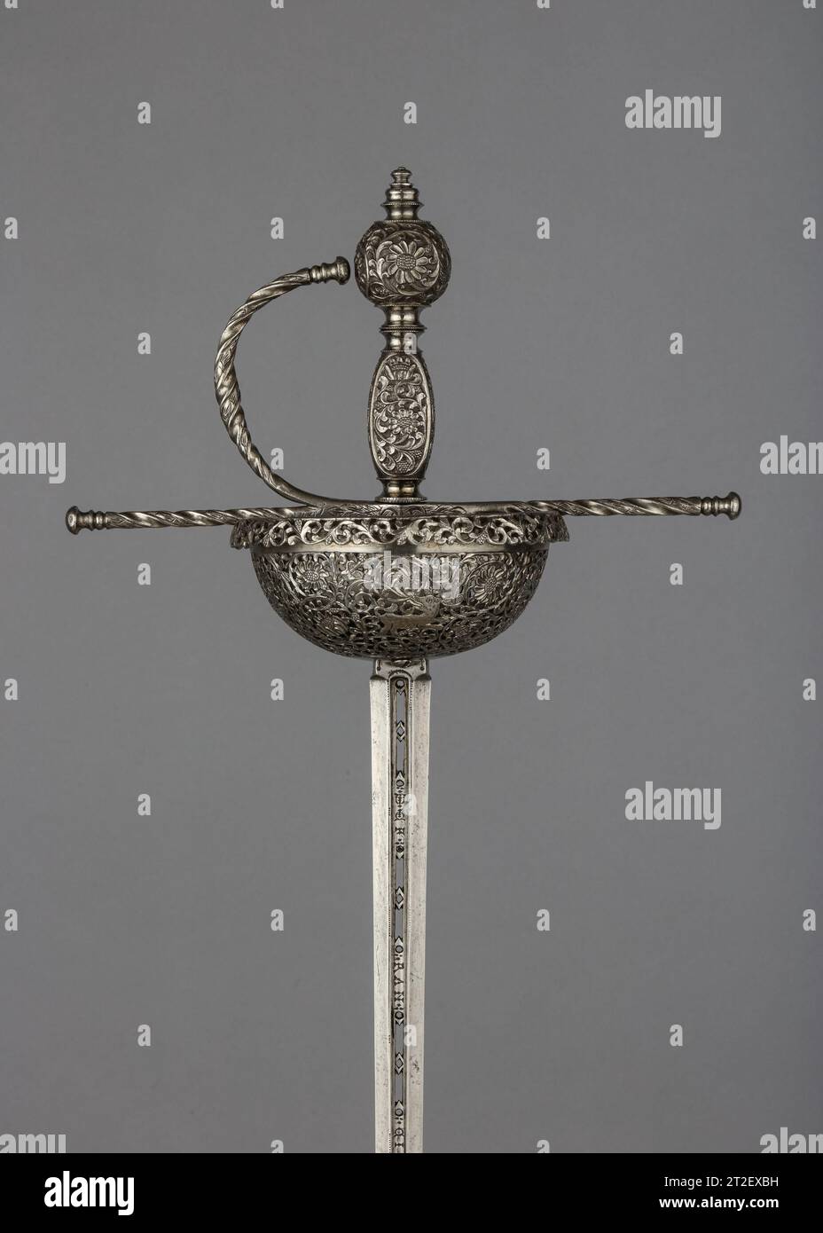 Cup-Hilted Rapier Spanish ca. 1650 The rapier was the principal civilian sidearm throughout the sixteenth and seventeenth centuries. Designed for cut-and-thrust fencing of progressively complex techniques, the rapier is characterized by a double-edged blade with an acute point and an elaborate guard for the hand. The guards, usually of iron or steel, were subject to a variety of embellishment. They were engraved, chiseled, gilded, damascened, and encrusted in gold and silver in keeping with fashionable styles. Unless otherwise noted, the materials, attributions, and dating given here refer to Stock Photo