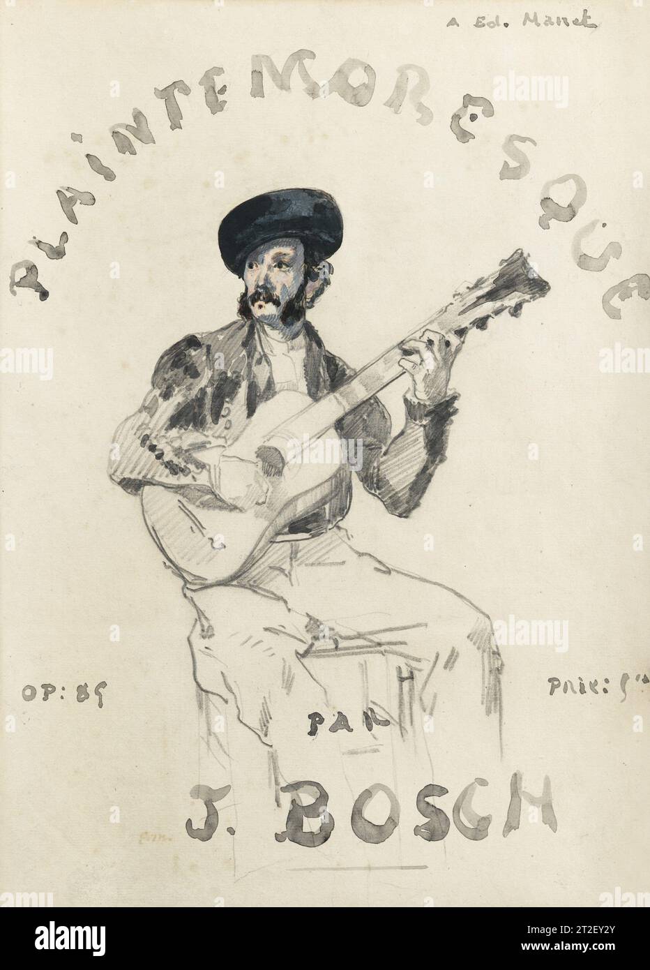 Plainte Moresque: Portrait of Jaime Bosch Edouard Manet French Sitter Jaime Bosch Spanish ca. 1866 In this design for a cover to sheet music, Manet portrays his friend, the Catalan composer and guitarist, Jaime Bosch. The musician dedicated this piece for solo guitar, his 'Moorish Lament,' to Manet, as indicated by the inscription at upper right. Bosch regularly performed at the musical gatherings hosted by the painter and his wife, the pianist Suzanne Leenhoff. The drawing and resulting print are a testament not only to their relationship, but also to Manet's abiding interest in Spanish cultu Stock Photo