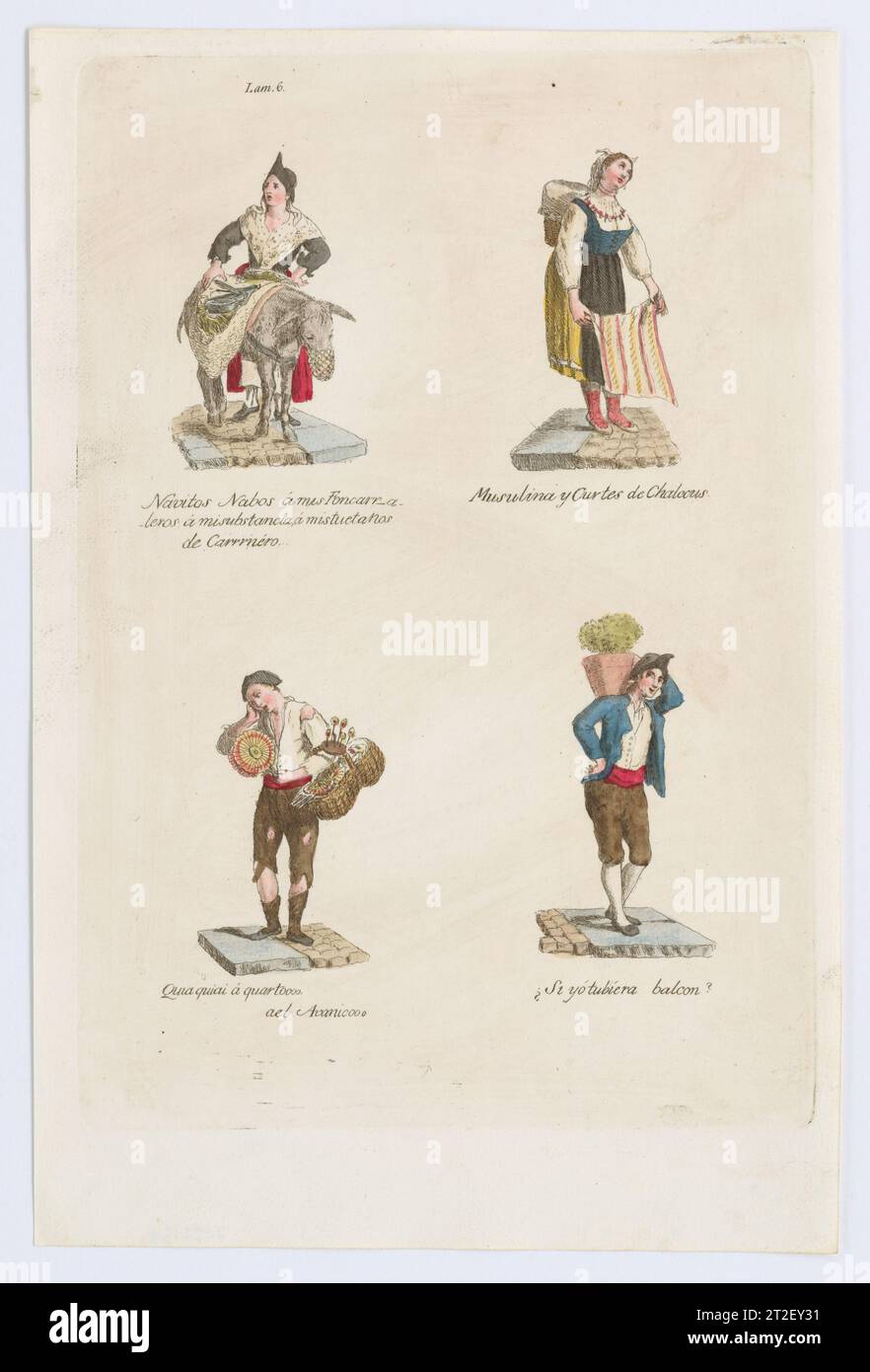 Plate 6: four street vendors from Madrid selling navitos, muslin, fans, plants, from 'Los Gritos de Madrid' (The Cries of Madrid) Miguel Gamborino Spanish Publisher Imprenta Real, Madrid Spanish 1809–17 See comment for 2022.53. View more. Plate 6: four street vendors from Madrid selling navitos, muslin, fans, plants, from 'Los Gritos de Madrid' (The Cries of Madrid). Miguel Gamborino (Spanish, Valencia 1760–1828 Madrid). 1809–17. Engraving with hand coloring. Imprenta Real, Madrid. Prints Stock Photo
