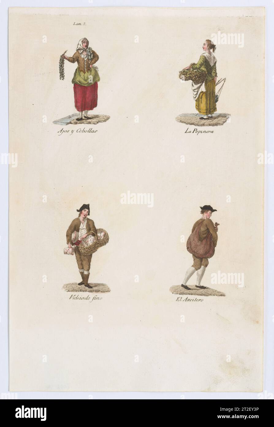 Plate 2: four street vendors from Madrid selling garlic and onions, cucumbers, fine crockery, oil, from 'Los Gritos de Madrid' (The Cries of Madrid) Miguel Gamborino Spanish Publisher Imprenta Real, Madrid Spanish 1809–17 The second in a group of eighteen hand-coloured engravings with a total of 72 figures representing the cries (trades/street vendors) of Madrid. Their occupations are many, and include everything from fish mongers, fruit and sweet vendors to those selling household items (chairs, pots, matts etc). This set is the first edition before each sheet was cut into four and the figure Stock Photo