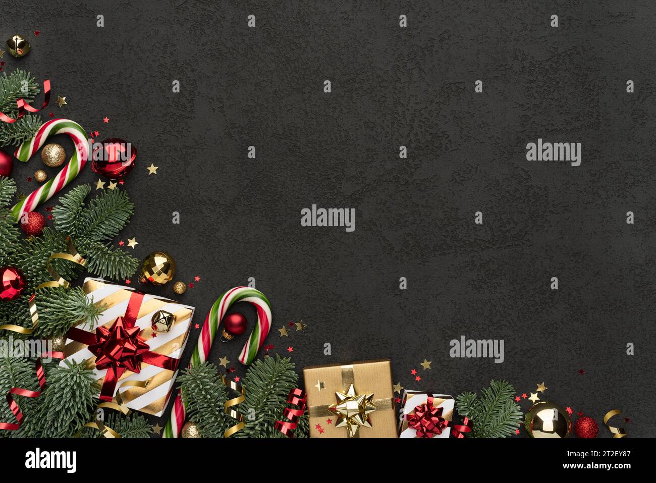 Christmas Decoration Border on a Black Background Stock Photo