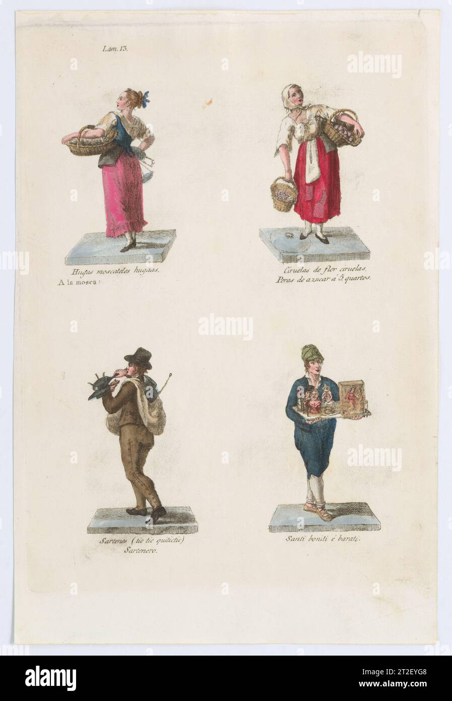 Plate 13: four street vendors from Madrid selling muscat grapes, plums, pans and pop-up saints, from 'Los Gritos de Madrid' (The Cries of Madrid) Miguel Gamborino Spanish Publisher Imprenta Real, Madrid Spanish 1809–17 See comment for 2022.53. View more. Plate 13: four street vendors from Madrid selling muscat grapes, plums, pans and pop-up saints, from 'Los Gritos de Madrid' (The Cries of Madrid). Miguel Gamborino (Spanish, Valencia 1760–1828 Madrid). 1809–17. Engraving with hand coloring. Imprenta Real, Madrid. Prints Stock Photo