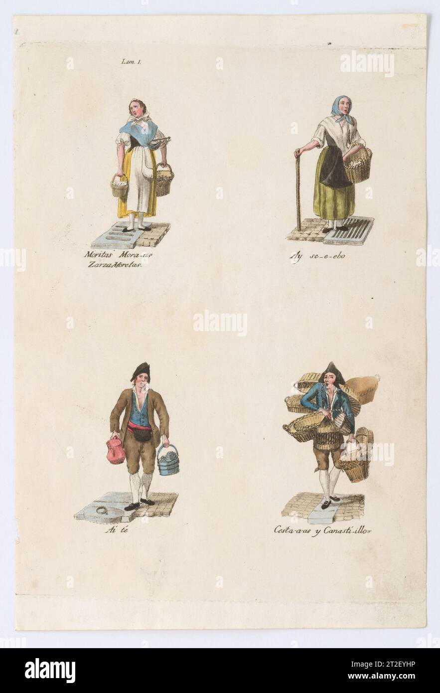 Plate 1: four street vendors from Madrid selling blueberries, onions, tea, and baskets, from 'Los Gritos de Madrid' (The Cries of Madrid) Miguel Gamborino Spanish Publisher Imprenta Real, Madrid Spanish 1809–17 The first in a group of eighteen hand-coloured engravings with a total of 72 figures representing the cries (trades/street vendors) of Madrid. Their occupations are many, and include everything from fish mongers, fruit and sweet vendors to those selling household items (chairs, pots, matts etc). This set is the first edition before each sheet was cut into four and the figures individual Stock Photo