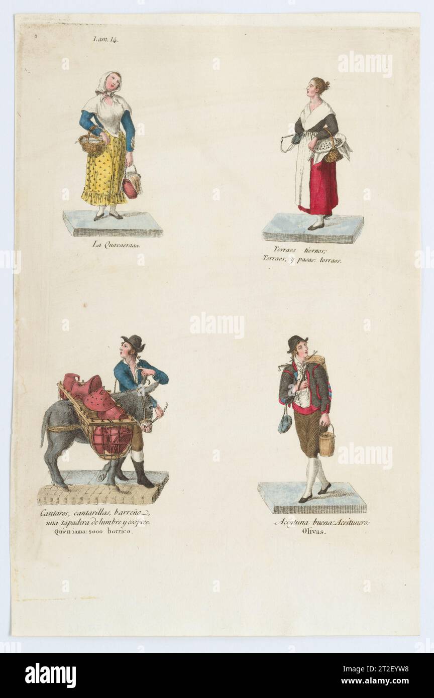 Plate 14: four street vendors from Madrid selling pots and pans, olives etc, from 'Los Gritos de Madrid' (The Cries of Madrid) Miguel Gamborino Spanish Publisher Imprenta Real, Madrid Spanish 1809–17 See comment for 2022.53. View more. Plate 14: four street vendors from Madrid selling pots and pans, olives etc, from 'Los Gritos de Madrid' (The Cries of Madrid). Miguel Gamborino (Spanish, Valencia 1760–1828 Madrid). 1809–17. Engraving with hand coloring. Imprenta Real, Madrid. Prints Stock Photo