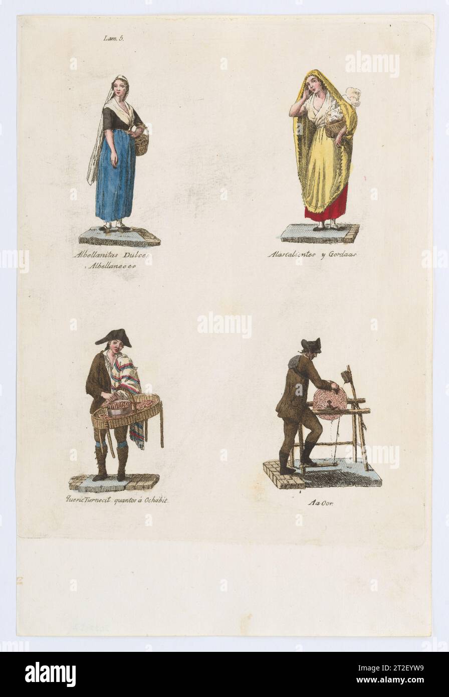 Plate 5: four street vendors from Madrid selling sweet albellanitas dulces, alacalienties, tender cuts and a knife grinder, from 'Los Gritos de Madrid' (The Cries of Madrid) Miguel Gamborino Spanish Publisher Imprenta Real, Madrid Spanish 1809–17 See comment for 2022.53. View more. Plate 5: four street vendors from Madrid selling sweet albellanitas dulces, alacalienties, tender cuts and a knife grinder, from 'Los Gritos de Madrid' (The Cries of Madrid). Miguel Gamborino (Spanish, Valencia 1760–1828 Madrid). 1809–17. Engraving with hand coloring. Imprenta Real, Madrid. Prints Stock Photo