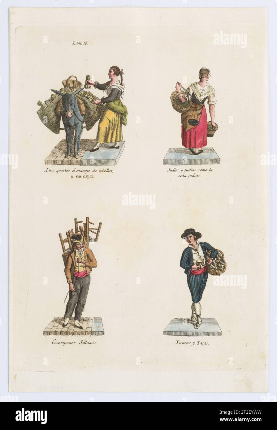Plate 16: four street vendors from Madrid selling onions, beans, chairs, and crockery, from 'Los Gritos de Madrid' (The Cries of Madrid) Miguel Gamborino Spanish Publisher Imprenta Real, Madrid Spanish 1809–17 See comment for 2022.53. View more. Plate 16: four street vendors from Madrid selling onions, beans, chairs, and crockery, from 'Los Gritos de Madrid' (The Cries of Madrid). Miguel Gamborino (Spanish, Valencia 1760–1828 Madrid). 1809–17. Engraving with hand coloring. Imprenta Real, Madrid. Prints Stock Photo