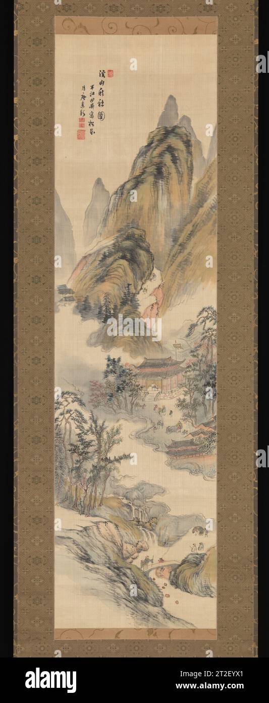 Autumn Festival on a Mountain Okada Hank? Japanese first half of the 19th century This tall, narrow composition rendered in the Chinese literati-influenced manner of the Nanga school features distant towering peaks, a pavilion in the middle ground, and tiny figures meandering along mountain paths and a foreground bridge. The image is gently reminiscent of Chinese literati paintings of scholar-gentlemen in a mountain setting. Washes of color endow the scene with an atmosphere of seasonal change, a quality that combines with soft, parallel brushstrokes on foliage and rocks, and the rounded conto Stock Photo