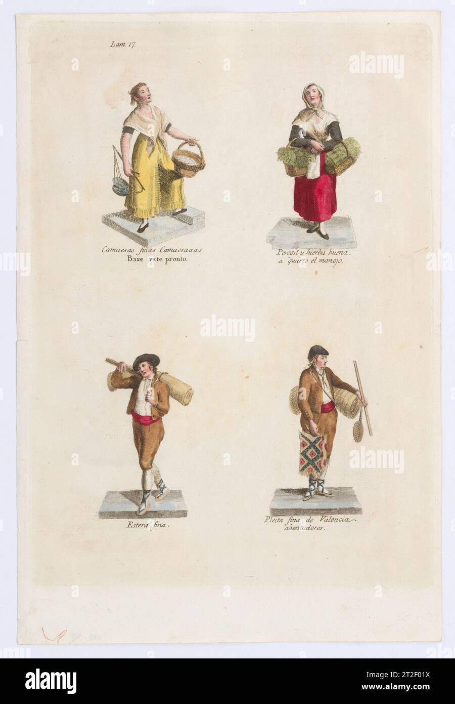 Plate 17: four street vendors from Madrid selling parsley, mats etc, from 'Los Gritos de Madrid' (The Cries of Madrid) Miguel Gamborino Spanish 1809–17 See comment for 2022.53. View more. Plate 17: four street vendors from Madrid selling parsley, mats etc, from 'Los Gritos de Madrid' (The Cries of Madrid). Miguel Gamborino (Spanish, Valencia 1760–1828 Madrid). 1809–17. Engraving with hand coloring. Prints Stock Photo