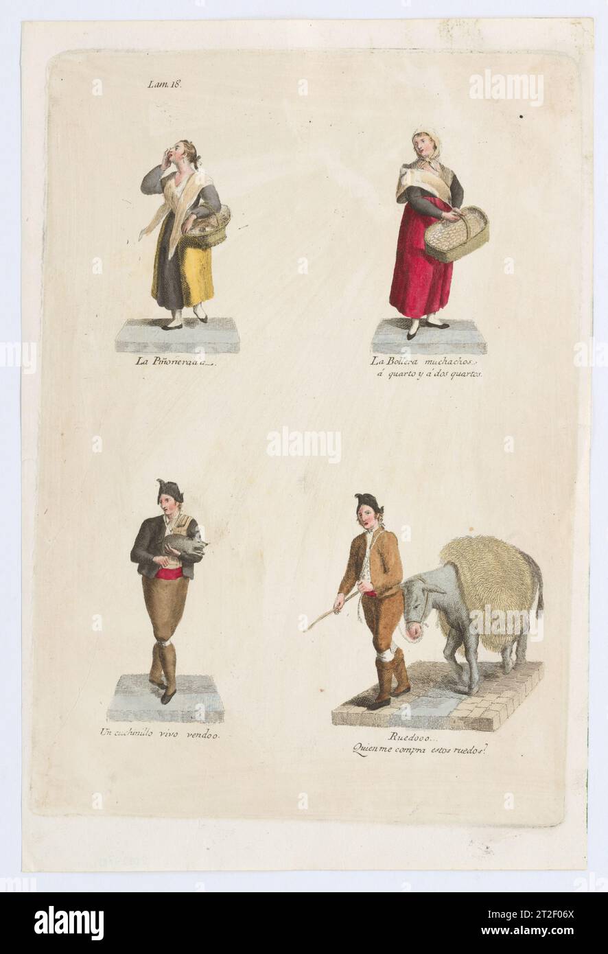 Plate 18: four street vendors from Madrid selling food, a pig etc, from 'Los Gritos de Madrid' (The Cries of Madrid) Miguel Gamborino Spanish Publisher Imprenta Real, Madrid Spanish 1809–17 See comment for 2022.53. View more. Plate 18: four street vendors from Madrid selling food, a pig etc, from 'Los Gritos de Madrid' (The Cries of Madrid). Miguel Gamborino (Spanish, Valencia 1760–1828 Madrid). 1809–17. Engraving with hand coloring. Imprenta Real, Madrid. Prints Stock Photo