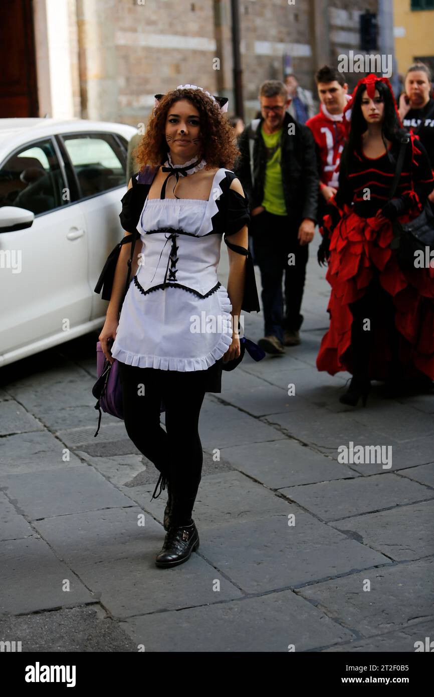 Lucca, Italy - 2018 10 31 : Lucca Comics free cosplay event around city waitress. High quality photo Stock Photo