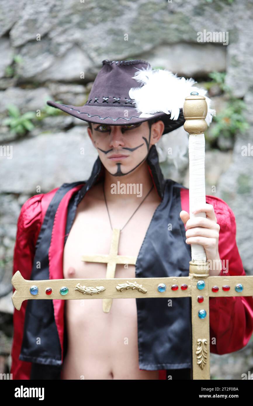 Lucca, Italy - 2018 10 31 : Lucca Comics free cosplay event around city Drakul Mihawk One Piece. High quality photo Stock Photo