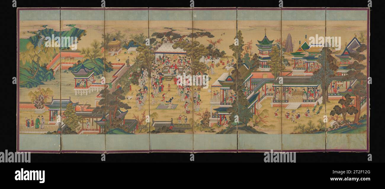 The Banquet of Guo Ziyi Korea late 19th century This eight-panel folding screen depicts a banquet honoring Guo Ziyi (697–781), a famed general of China’s Tang dynasty (618–907). In addition to his individual achievements, he lived until he was 85 years old, and his children and family were also successful. Thus he became a paragon of Confucian loyalty and fortitude, and even deified in popular religion as a god of wealth and happiness. As such, images celebrating Guo Ziyi became popular in Joseon during the 19th century. He is depicted at a banquet in his honor, enjoying a dance performance su Stock Photo