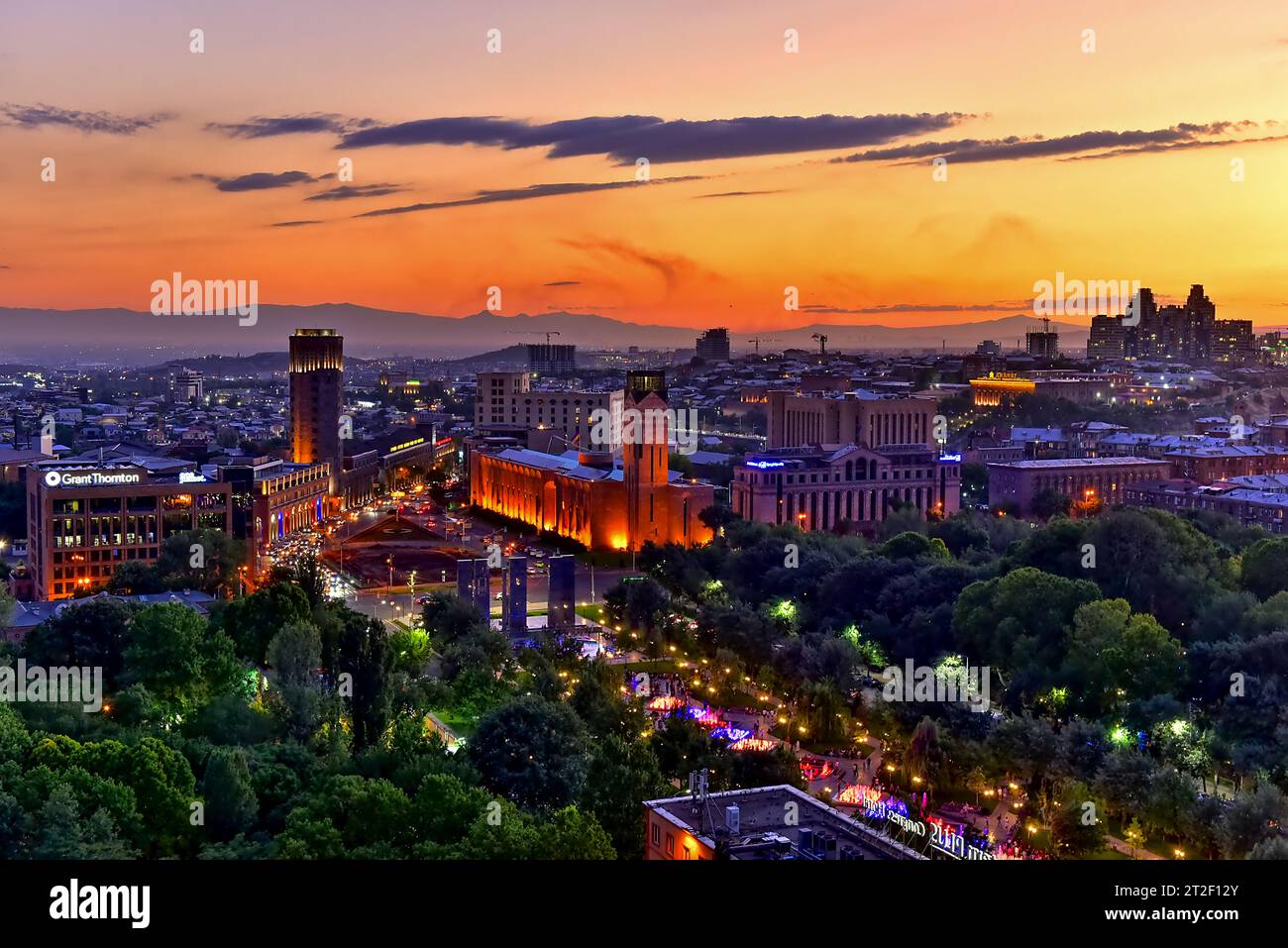 Yerevan skyline at sunset from the terrace of Mozaic Sky Retaurant in Yerevan, Armenia Stock Photo