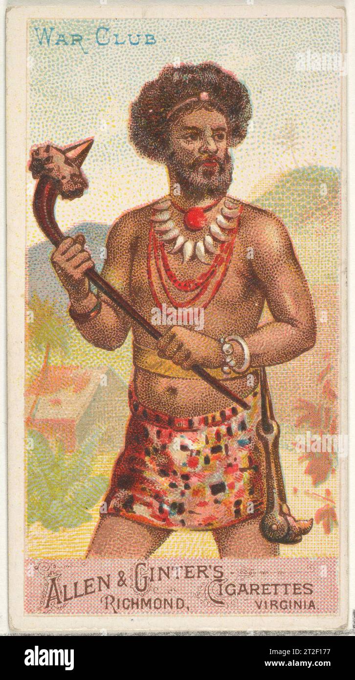 War Club, from the Arms of All Nations series (N3) for Allen & Ginter Cigarettes Brands Issued by Allen & Ginter American 1887 Trade cards from the 'Arms of All Nations' series (N3), issued in 1887 in a series of 50 cards to promote Allen & Ginter Brand Cigarettes. Stock Photo