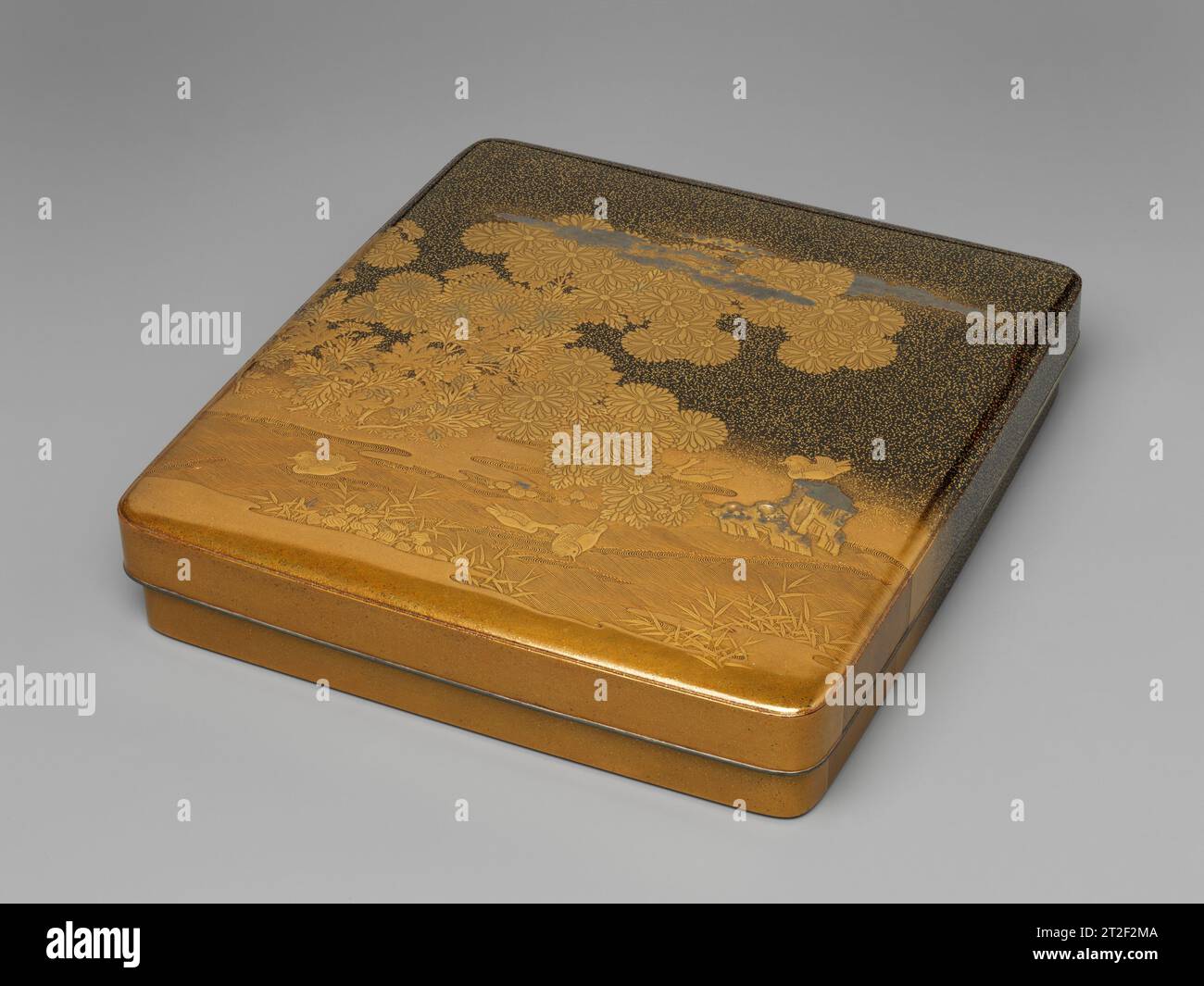 Labeled Japanese Writing Box Writing box (suzuribako) with chrysanthemums and mandarin ducks ...