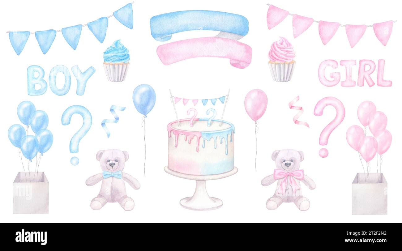 Gender reveal party, baby shower, boy or girl. Blue pink balloons, bow