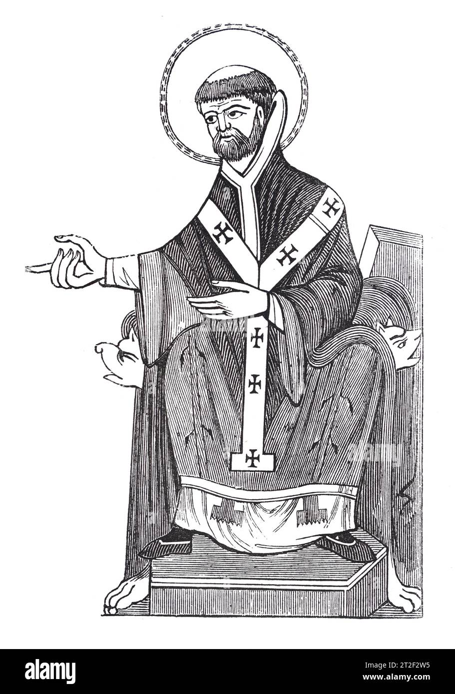 St Augustine, 6th century Archbishop of Canterbury. First Archbishop of Canterbury. Royal MS. Black and White Illustration from the 'Old England' published by James Sangster in 1860. Stock Photo