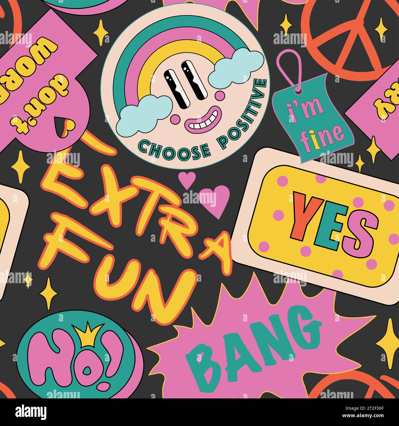 90 Cool Sticker Collage seamless Pattern. Millennium, Funky Background with Retro Colour Patches