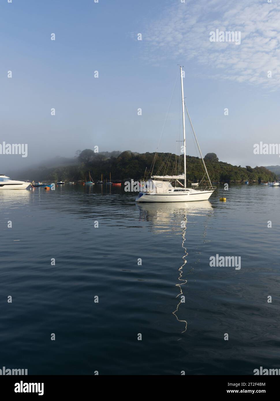 Yachts and reflections on a calm foggy morning in Salcombe Harbour Stock Photo