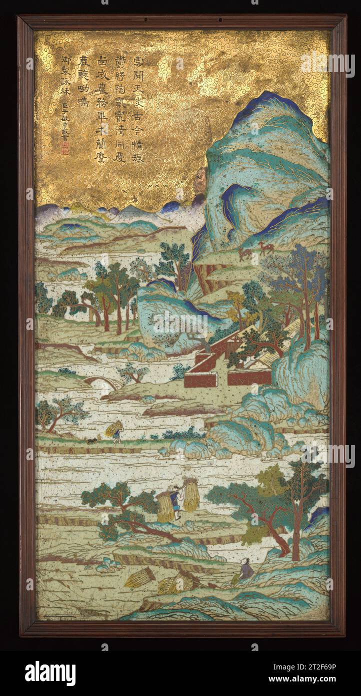 Wall panel with poetic scenery of autumn China late 18th century This panel is a rare and extraordinary example of cloisonné enamel work created by the imperial workshops in Beijing during the late eighteenth century. The exceptional tonal range and gradation of color in the enameling and the particularized shapes of the finely tooled metal cloisons indicate a level of craftsmanship only achieved in the imperial workshop. The intricately described “blue-and-green” style landscape with its keenly observed details was undoubtedly based on a pictorial model created by an artist attached to the im Stock Photo