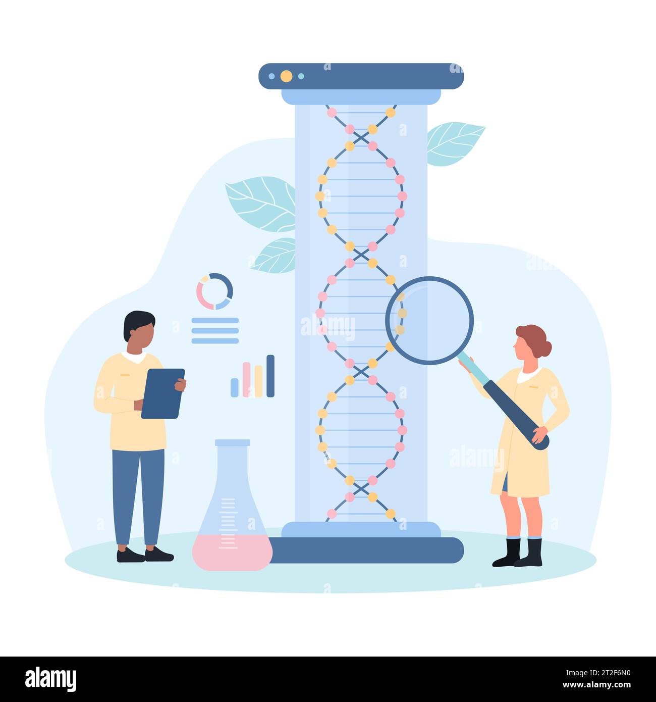 DNA research in biotech laboratory vector illustration. Cartoon tiny scientists or student in white coat study DNA molecular structure in lab test tube, genome analysis by people with magnifying glass Stock Vector