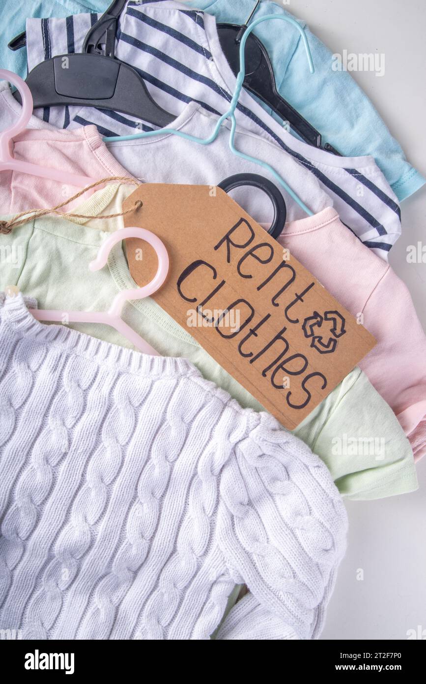 Clothing rental services background, with various woman, man, kids clothes for rent. Circular