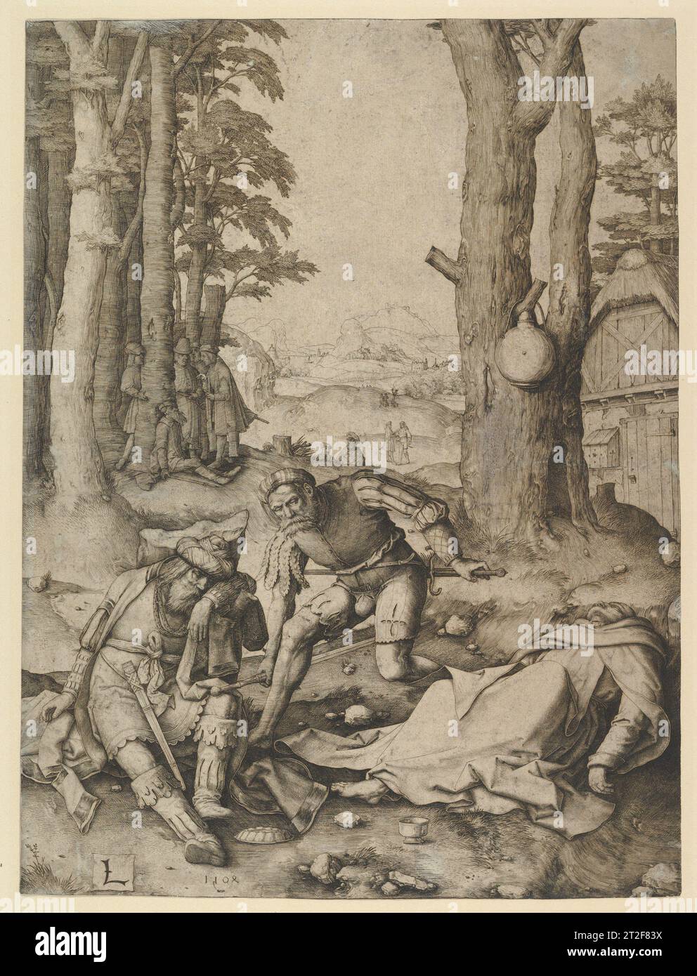 Mohammed and the Monk Sergius Lucas van Leyden Netherlandish 1508 The subject of this print is a rarely illustrated episode from the popular medieval book The Travels of Sir John Mandeville. One night, while Mohammed, the monk's student, was asleep, his men killed the hermit with Mohammed's own sword and put it back into its sheath. As Mohammed awoke, they persuaded him that he was the killer. Master storyteller Lucas van Leyden takes great delight in describing every detail, from the Mohammed's distinctive clothing to individual leaves on the tree in the middle ground and further to the castl Stock Photo