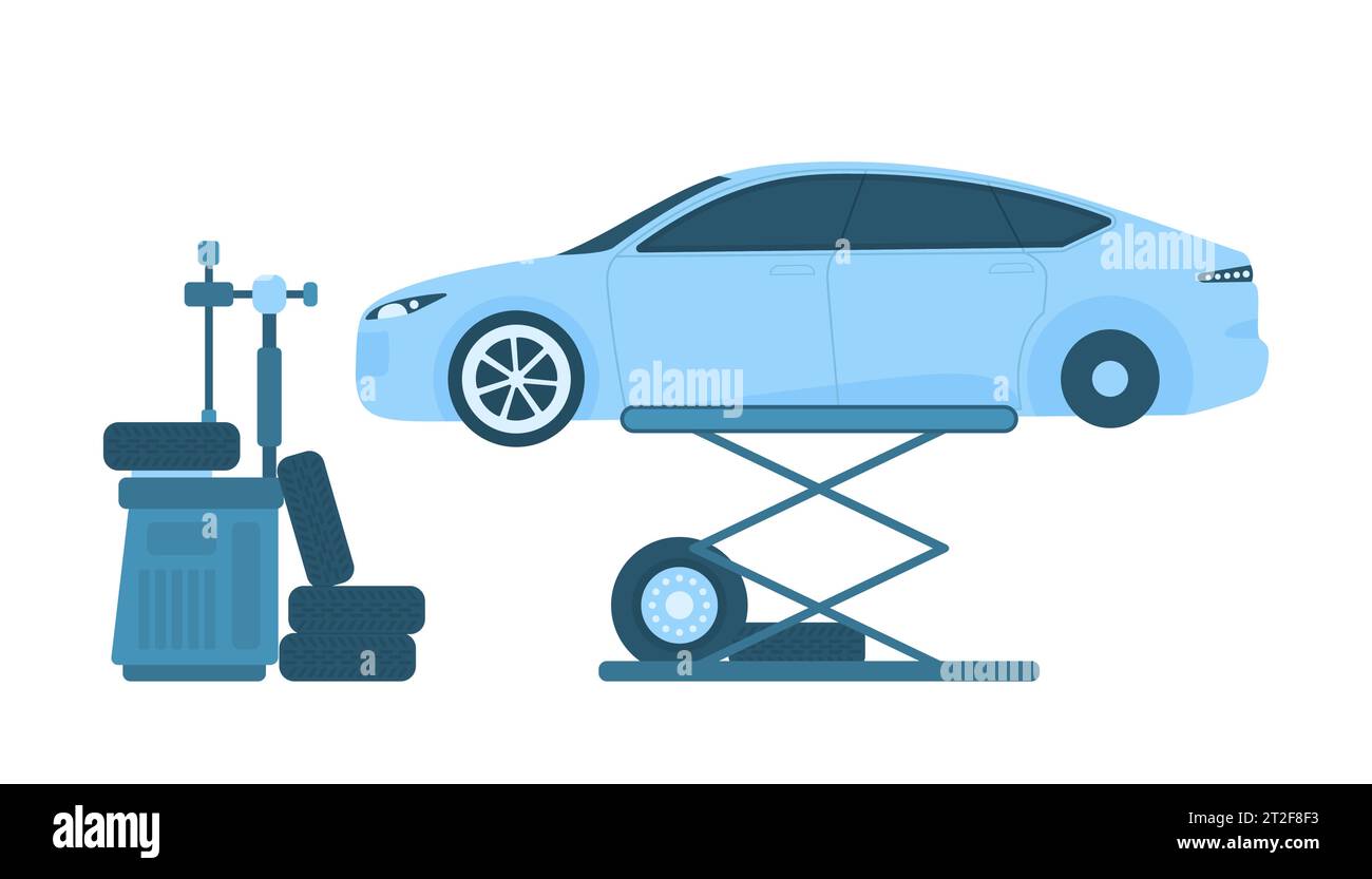 Car tires change in repair garage station vector illustration. Cartoon