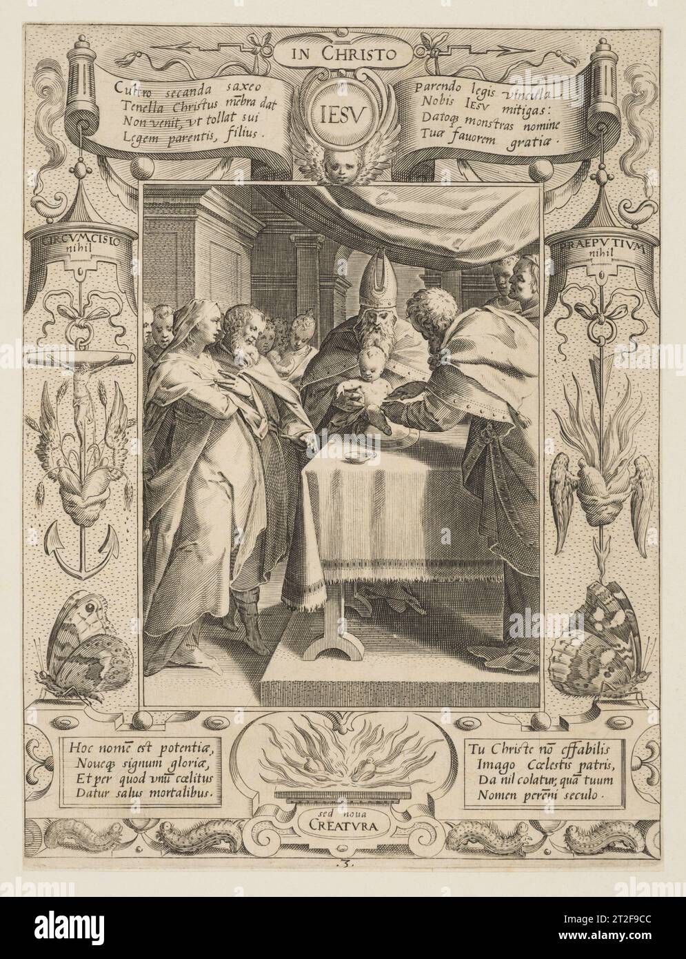 Circumcision Aegidius Sadeler II Netherlandish After Hans von Aachen German After Joris Hoefnagel Netherlandish 1590 This engraving is one of 13 plates from the series, Salus generis humani (Salvation of Mankind), engraved by the Netherlandish printmaker Aegidius Sadeler. Made in 1590, the engravings feature scenes from the Life of Christ after designs by Hans von Aachen. The central compositions are surrounded by emblematic borders, whose designs originate from illuminations in the missal (Missale romanum) made by Joris Hoefnagel in 1581–90 for Ferdinand II, Archduke of Austria, now in the Au Stock Photo