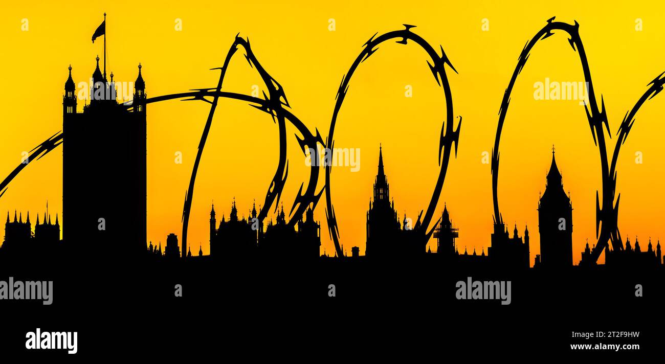 Silhouette of Houses of Parliament, Westminster, London superimposed with barbed wire - metaphor for not open, anti-immigration, dystopian Stock Photo