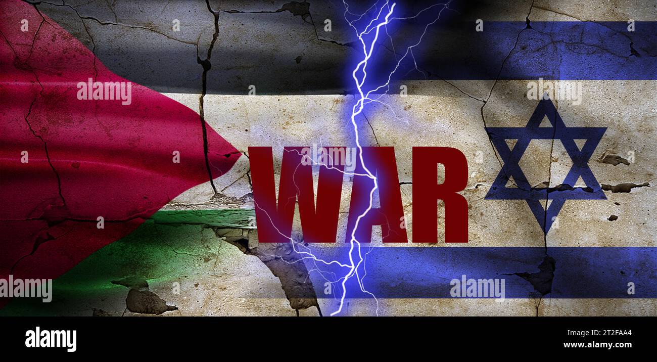 Palestine vs Israel flag on cracked wall. Israel and Palestine war concept Stock Photo
