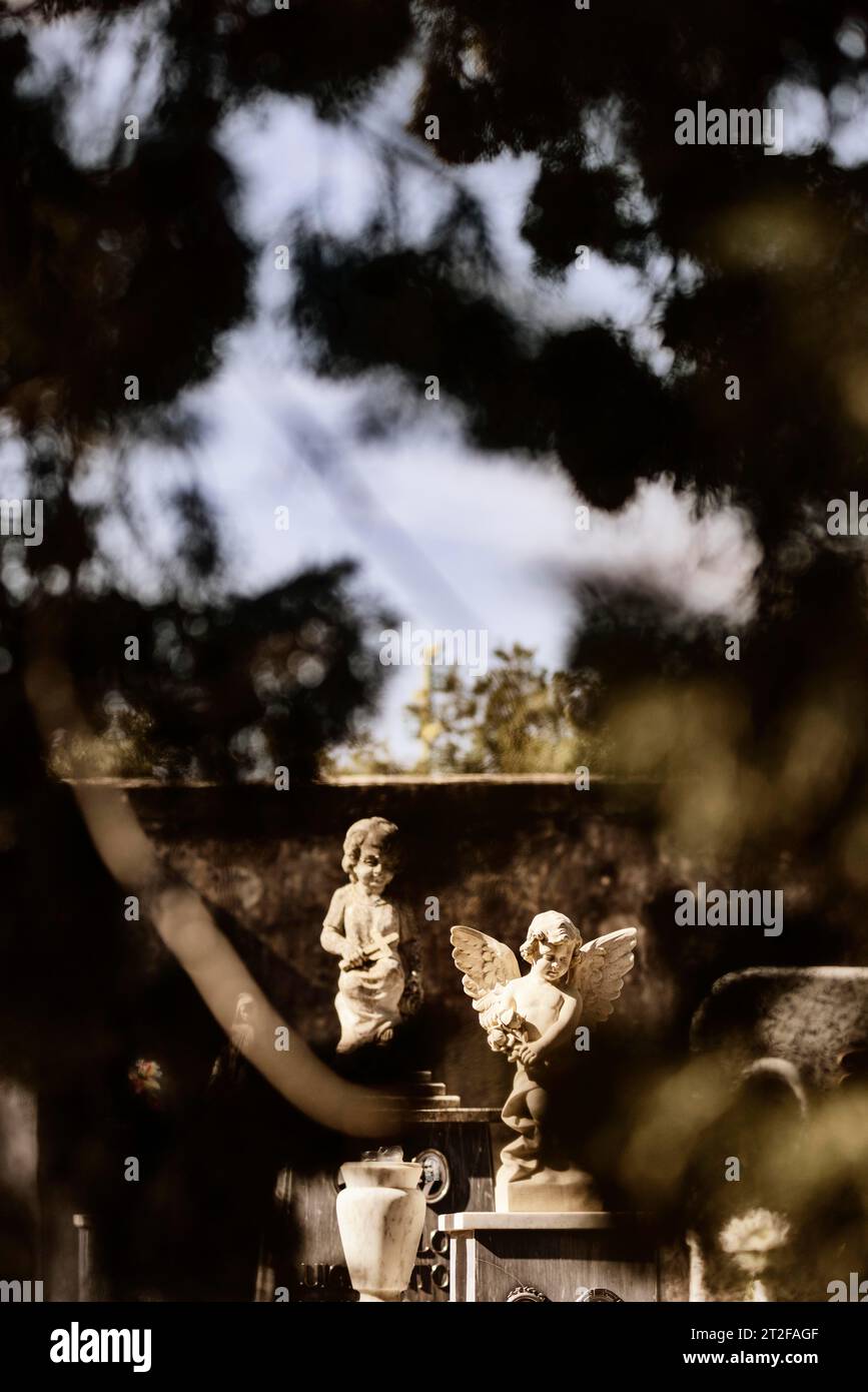 Angel figures, putti on graves in front of a cemetery wall in a cemetery, Bari Sardo, Ogliastra, Sardinia, italy Stock Photo