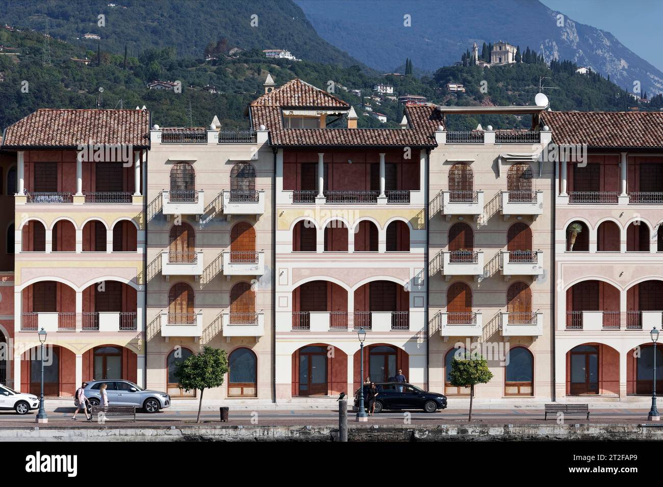 Front of houses with holiday flats, Toscolano-Maderno, Lake Garda west shore, Lombardy, province of Brescia, Italy Stock Photo