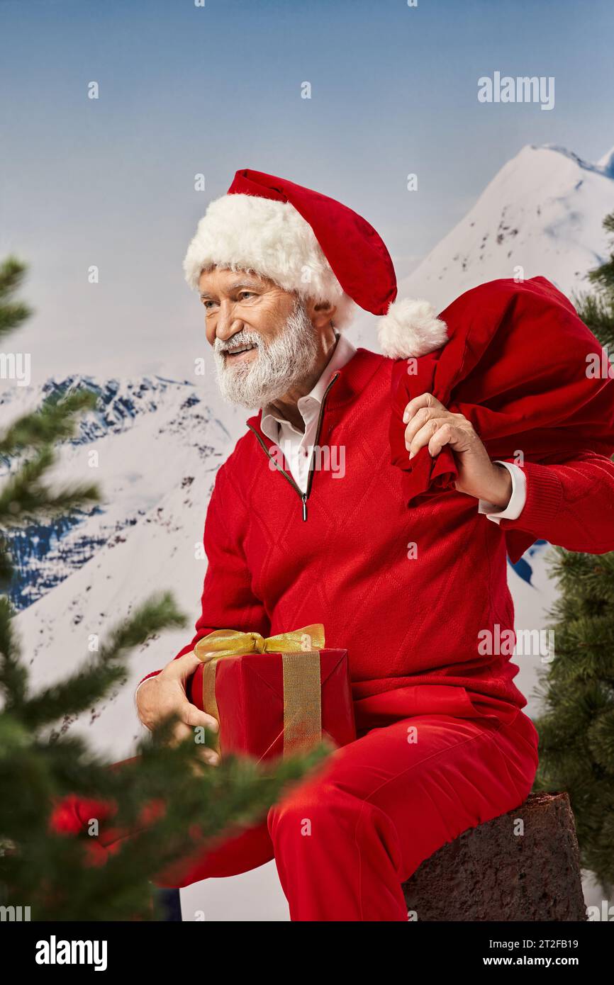 cheerful Santa sitting on tree stump with present bag and gift looking away, winter concept Stock Photo