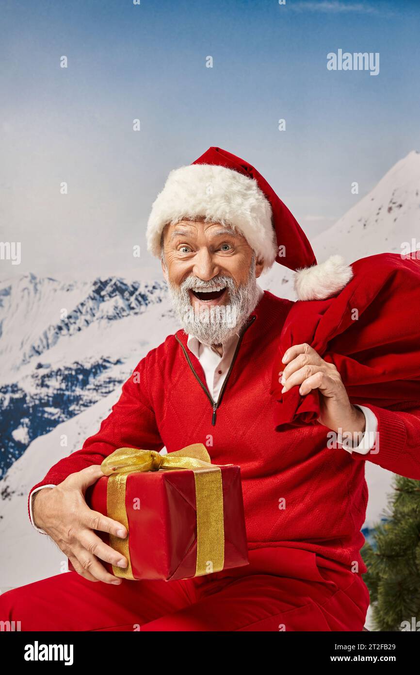 cheerful Santa in christmassy hat with gift bag and present smiling at camera, winter concept Stock Photo