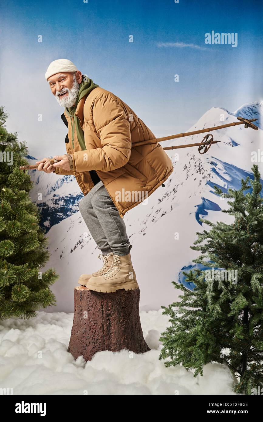 Santa with white beard squatting on tree stump with ski poles smiling at camera, winter concept Stock Photo