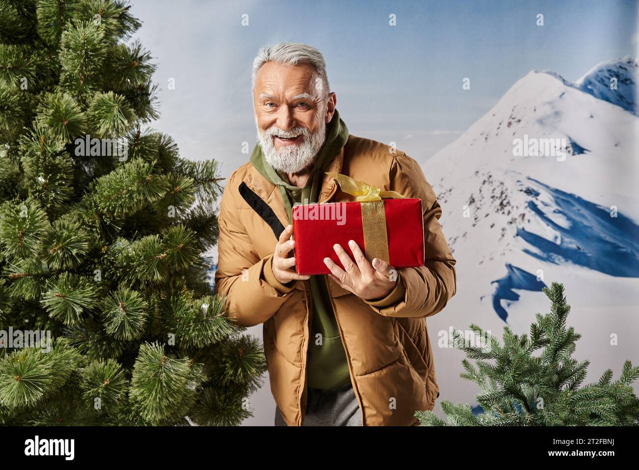 joyous Santa with white beard holding present standing next to pine and smiling at camera, winter Stock Photo