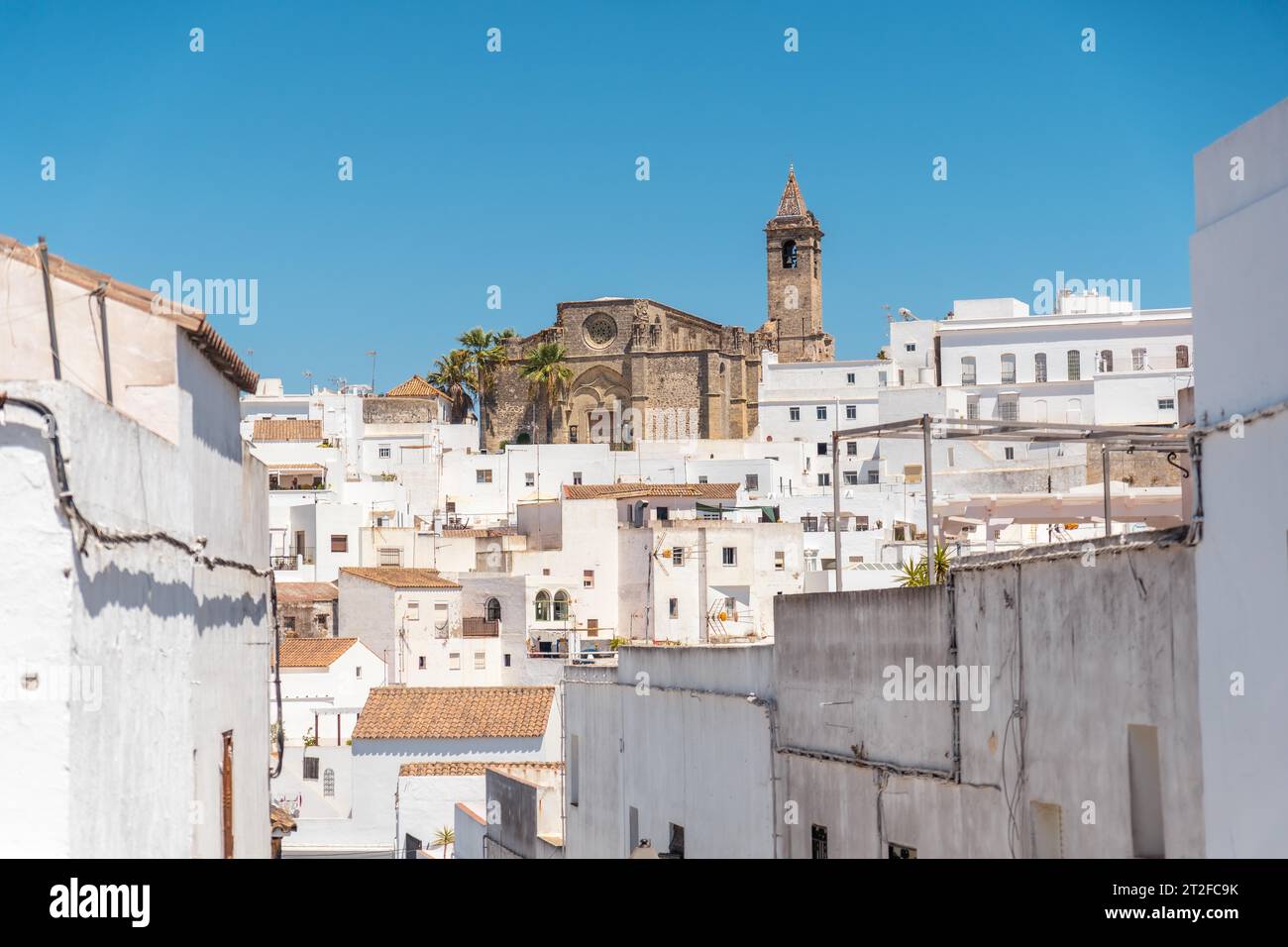 Beautiful view of the white houses and the church of Vejer de la Frontera, Cadiz. Andalusia Stock Photo