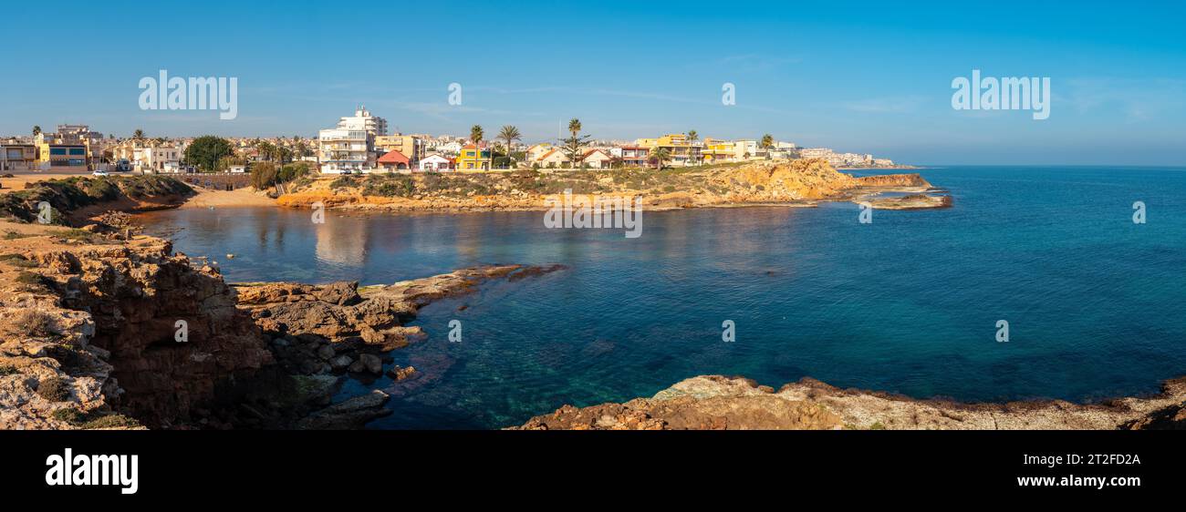 Panoramic view of Cala de la Higuera next to Los Locos beach in the coastal city of Torrevieja, Alicante, Valencian Community. Spain, Mediterranean Stock Photo